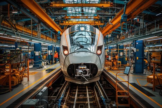 A high-speed train assembly line with engineers and designers collaborating