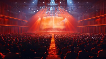 A large concert hall filled with an audience, lit by spotlights on stage.