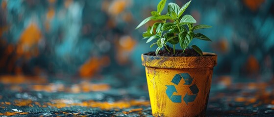 High angle shot of non-toxic compost and reducing waste, minimalist style, podium with symbols, vibrant backdrop