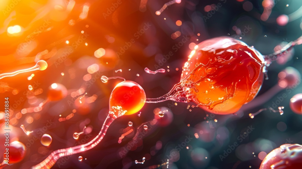Poster abstract futuristic background with vibrant red and orange cells interconnected by tendrils on a blu