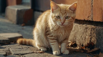 Cute yellow cream stray cat Sad kitten.