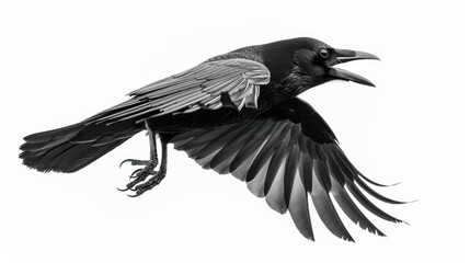 Obraz premium A black crow in flight with wings spread wide against a white background.