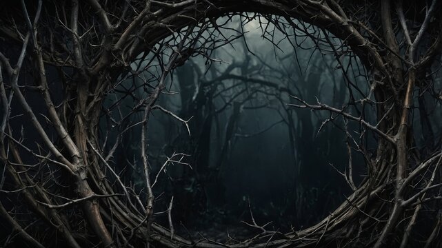 Dark Gothic fantasy backdrop framed by dry branches, thorns, ivy Old black worn grunge background bordered with horror dry branches and thorns Medieval cinematic dark fantasy theme.