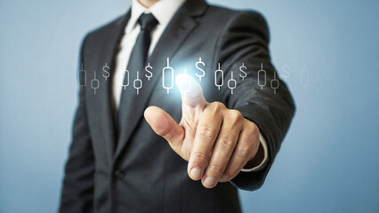 Businessman pressing virtual candlestick chart icon, managing digital finance and trading, concept of modern technology in business, ensuring efficient and secure handling of online financial data