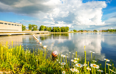 Nature on the Danube dam near Ingolstadt. View of the reservoir and the surrounding landscape....