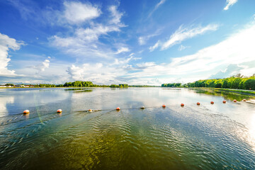 Nature on the Danube dam near Ingolstadt. View of the reservoir and the surrounding landscape....