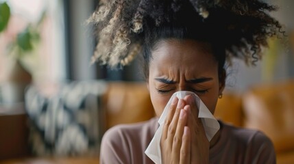 Woman with runny nose sneezes into tissue battling allergies or cold. Concept Health, Allergies, Cold, Runny Nose, Sneezing