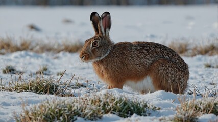 Naklejka premium European brown hare lepus europaeus in winter One wild animal on field covered with snow.