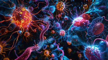 Obraz premium A depiction of parasites at a microscopic level, showing their detailed anatomy and interaction with host cells, illuminated by bright colors against a dark, contrasting background