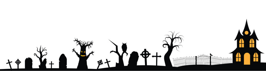 Dark Graveyard Halloween Landscape with Barren Trees and Crosses. Seasonal national holiday concept vector art