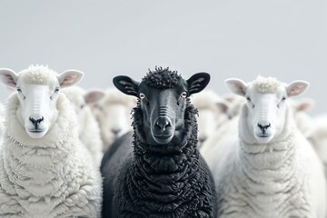 Black Sheep Standing Out in Group of White Sheep Emphasizing Individuality and Uniqueness