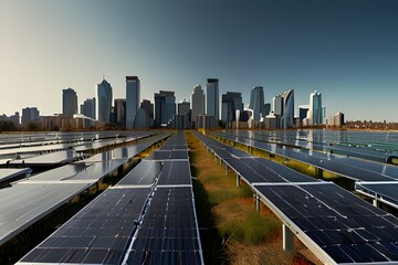Aerial view of sustainable electric power plant between agricultural farm fields with solar photovoltaic panels for producing clean electrical energy. Renewable electricity with zero emission concept