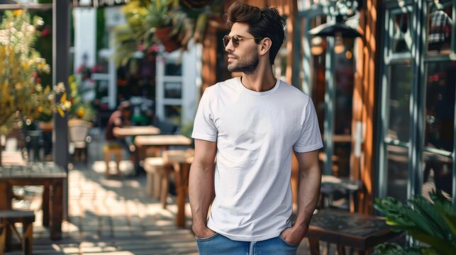 Young man wearing bella canvas white t shirt and jeans,&nbsp;at cafe.&nbsp;Design t shirt template