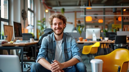 Obraz premium Smiling Young Man Working at a Modern Office Desk