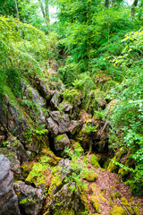 Path through nature at the Felsenmeer in Hemer. Forested biotope with rocks in the Sauerland.
