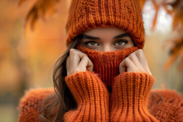 A woman wearing a large orange sweater and a cap covering her face with both hands is looking at the camera in an autumn park
