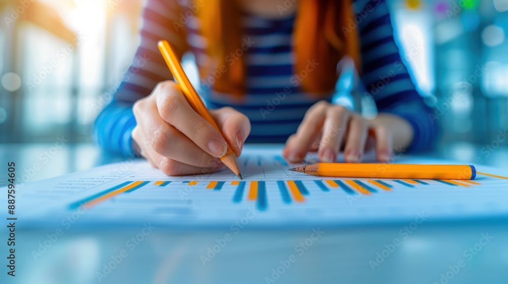 Poster close-up of hands analyzing charts and graphs on paper with pencil in an office setting, symbolizing