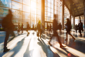 a group of people walking in a building