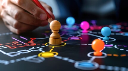 Hand strategizing with game pieces on a complex board. Abstract planning, decision making, and strategy development concepts depicted.