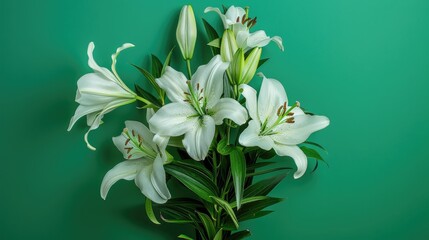 Obraz premium White lilies bouquet on green backdrop