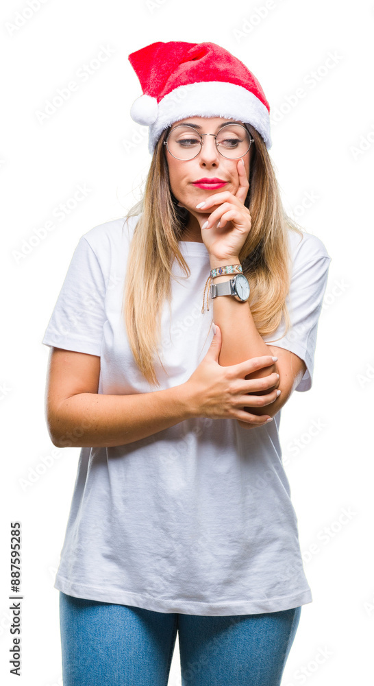 Canvas Prints Young beautiful woman wearing christmas hat over isolated background thinking looking tired and bored with depression problems with crossed arms.