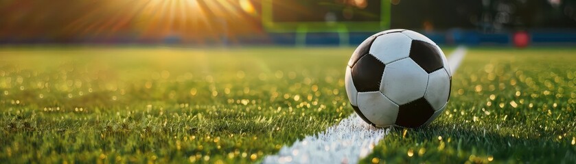 Fototapeta premium Soccer ball on the field with white line and green grass