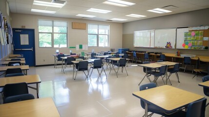 Empty High School Classroom with Student Desks and Academic Supplies