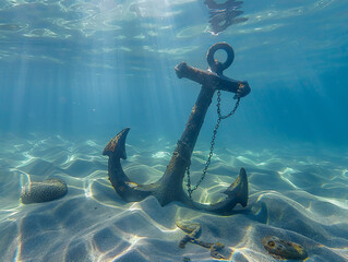 an anchor on the sand under water