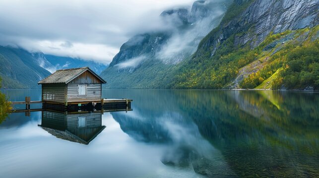 A peaceful lakeside scene with a small wooden cabin, a dock extending into the calm water, and mountains reflected in the lake