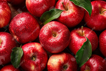 a group of red apples with green leaves