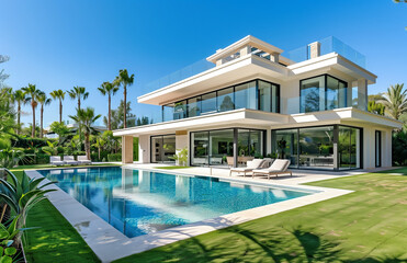 Fototapeta premium Luxury modern villa with large swimming pool and sun loungers in tropical garden. Contemporary two-story house with glass balconies and spacious outdoor area. Bright summer day with blue sky