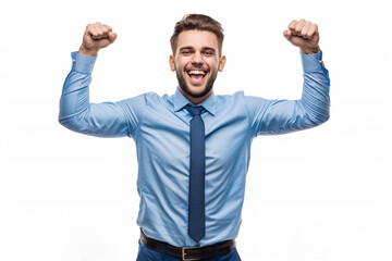 A joyful young businessman in a blue shirt and tie celebrating achievement and success.