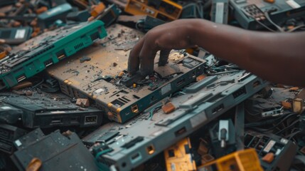 A worker's hand sorting through electronic waste at a recycling facility, highlighting the importance of e waste management
