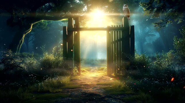 Magical forest gate with mystical light and an owl perched on top. Seamless loop video background
