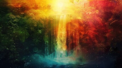 Fototapeta premium Sunset Over Waterfall: The sun sets behind a cascading waterfall, its rays painting the water with the hues of the evening sky, creating a mesmerizing blend of nature's colors. 