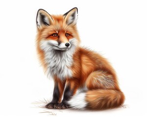 Obraz premium Detailed illustration of a red fox sitting gracefully with a white background, showcasing its vibrant fur and alert expression.