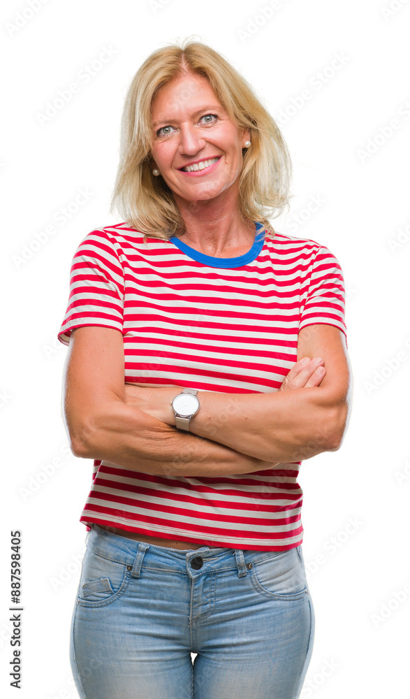 Poster Middle age blonde woman over isolated background happy face smiling with crossed arms looking at the camera. Positive person.