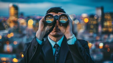 Businessman Searching Opportunities with Binoculars Overlooking Cityscape, double expoure