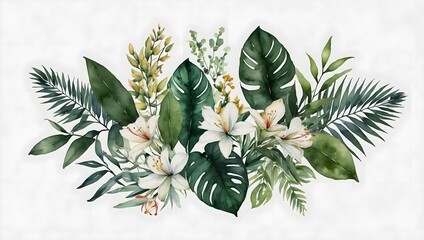 Fototapeta premium Watercolor of Tropical spring floral green leaves and flowers s isolated on white background, bouquets greeting or wedding card decoration