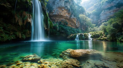 A powerful waterfall cascading down cliffs into a crystal-clear pool, surrounded by lush greenery 