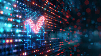 Obraz premium Digital Check Mark Icon on Futuristic Tech Background: Productivity and rating evolution. CGI 3D render featuring a checkmark icon and digital chart in the context of technological progress and in