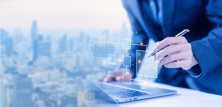 design workflow automation with flowcharts in computer laptop. diagram algorithm flow, model work structure digital, hierarchy scheme. business process and data management organigram
