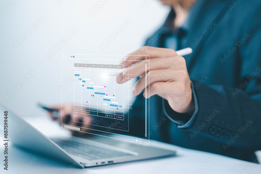 Poster project planner in software. schedule plan management work update and workflow. concept updating and managing milestones on a timeline Gantt chart in technology online. appointment staff of business