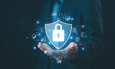 lock mark cybersecurity internet, protect attacks from a hacker. concept of password privacy on an online system, secure data from crime, virus cyber. cyber security technology digital information. - obrazy, fototapety, plakaty