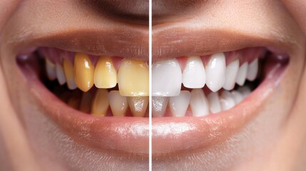 Closeup split image showing the before and after results of teeth whitening treatment the left side displays stained yellow teeth and the right side shows a set of bright white teeth