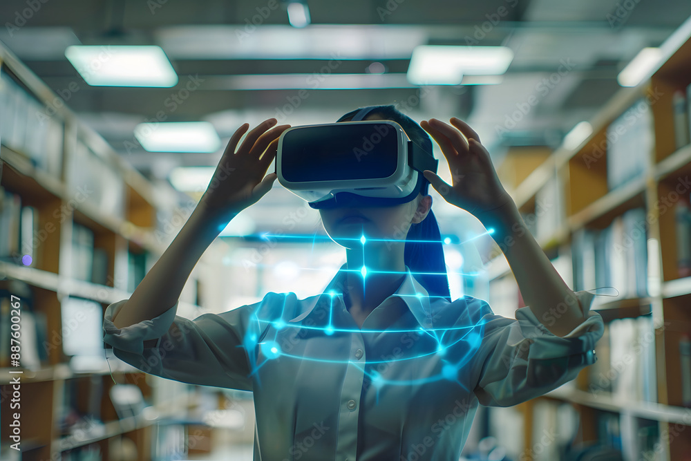 Poster school student with vr headset using ai artificial intelligence technology