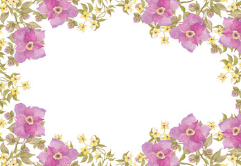 Garden and wild flowers. Modern floral frame. Wildflowers are yellow and fuchsia colors. Ideal for decorating packaging, tableware, kitchen utensils, tablecloths, wallpaper and fabric. Wall of flowers