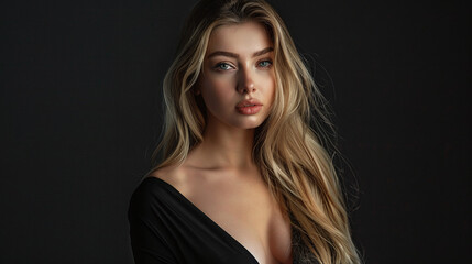 Fototapeta premium A young charismatic slender blonde woman model in a black dress against a dark background