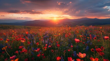 Fototapeta premium A breathtaking view of a field of vibrant flowers stretching to the horizon, with the sun setting behind distant mountains, painting the sky in stunning shades of orange and purple