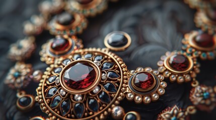 Obraz premium A close-up of a piece of jewelry with intricate, bold patterns and artistic shapes, crafted from precious metals and gemstones, perfect for adding a touch of elegance to any outfit